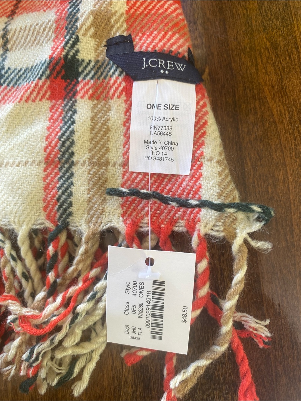 J. Crew Red, Cream and Black Plaid Fringe Scarf - Picture 2 of 2